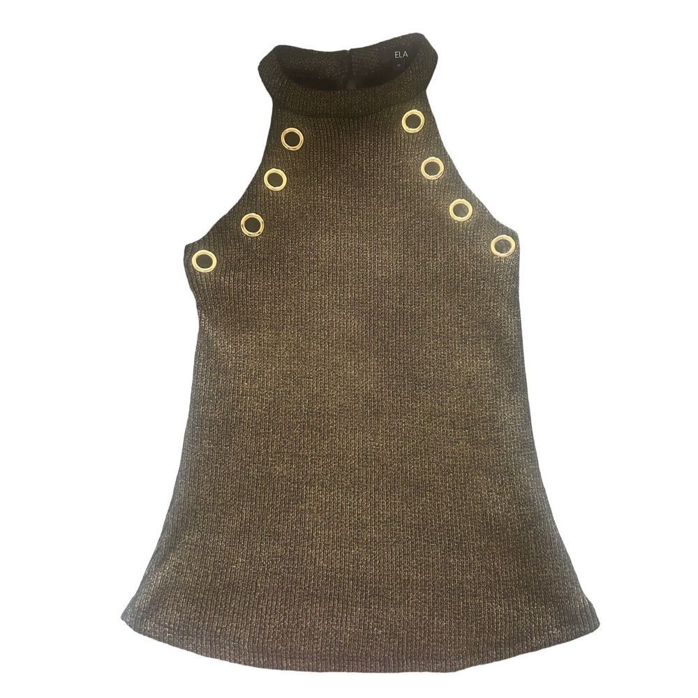 GOLDEN BUTTON HALTER NECK KNIT TANK TOP IN BLACK METALLIC. Size XS. Take a casua